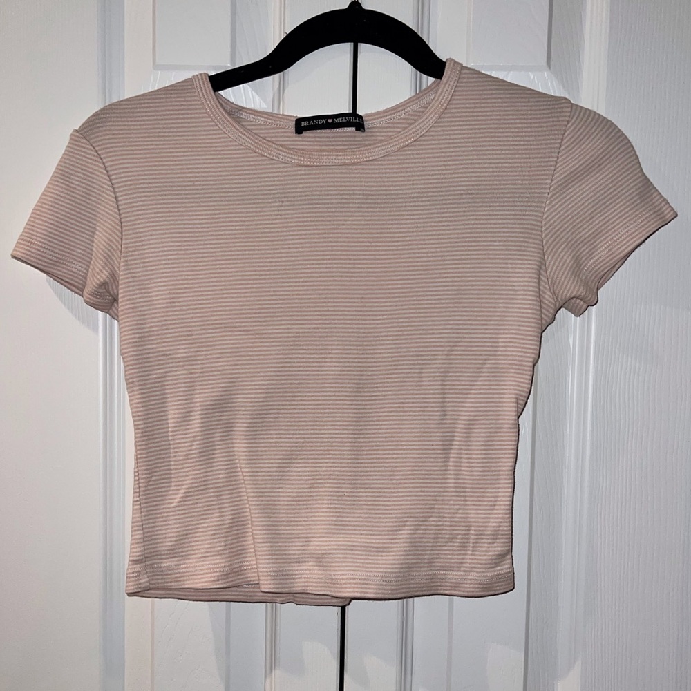 Pink and White Striped Brandy Melville Baby Tee